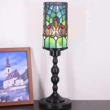 WERFACTORY Small Tiffany Lamp Mini Stained Glass Table Lamp Wide 4 Tall 15 Inch Green Victorian Style Rustic Night Light